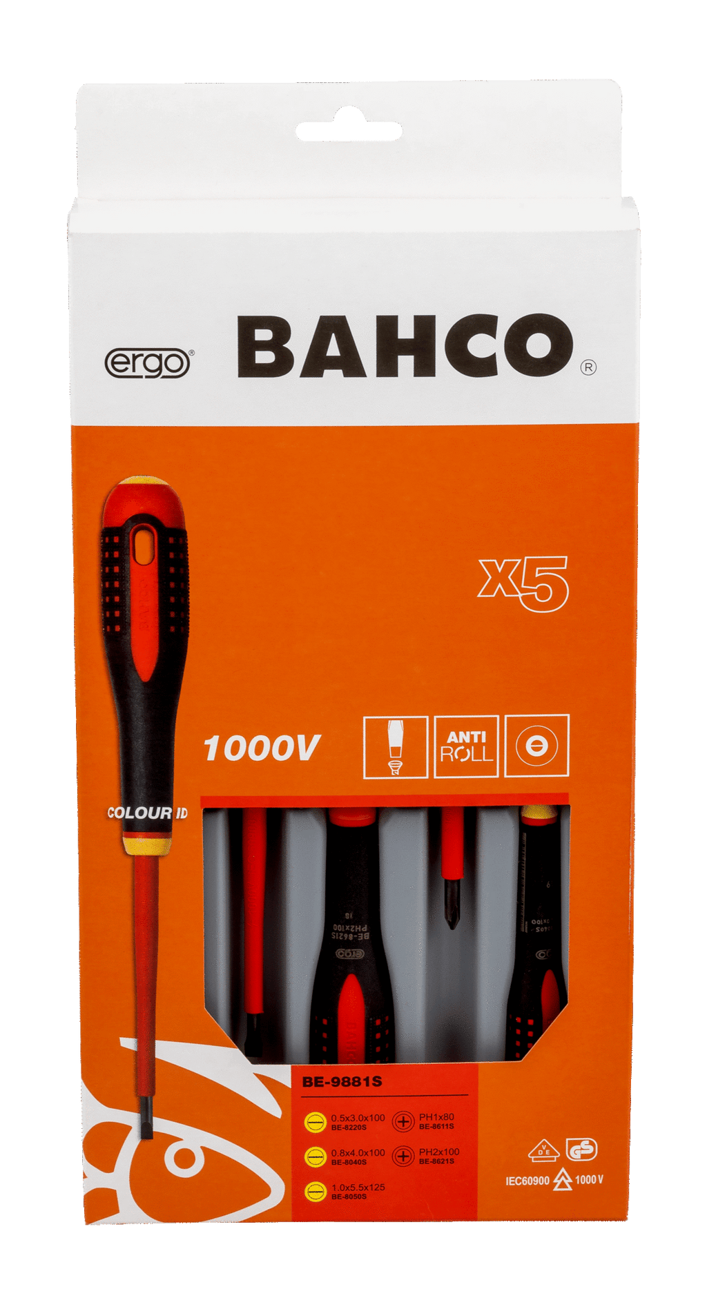 Bahco ERGO™ VDE Insulated Slotted and Phillips Screwdriver Set with  3-Component Handle - 5 Pcs (BE-9881S)