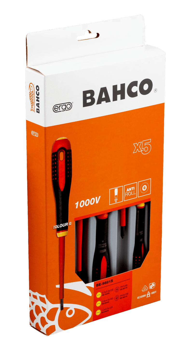 Bahco ERGO™ VDE Insulated Slotted and Phillips Screwdriver Set with 3-Component Handle - 5 Pcs (BE-9881S)