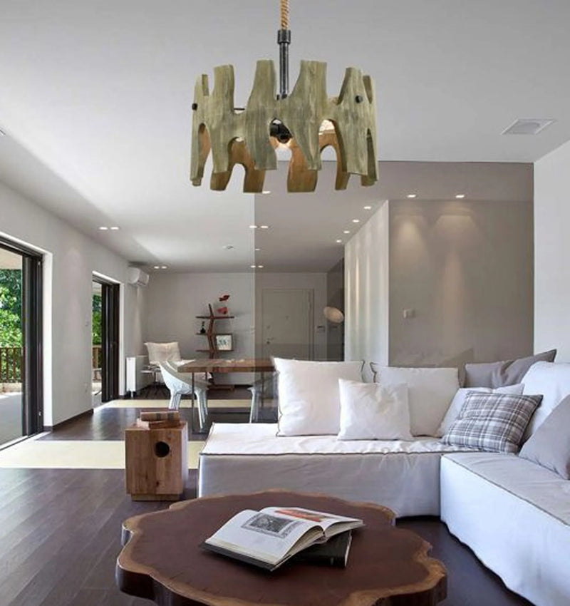 CLA HOPI: Medieval Rustic Large Drum Weathered Grey Wood Pendant Light