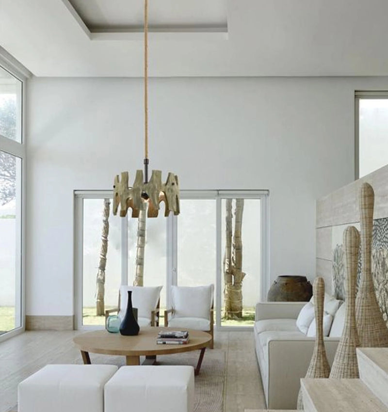 CLA HOPI: Medieval Rustic Large Drum Weathered Grey Wood Pendant Light