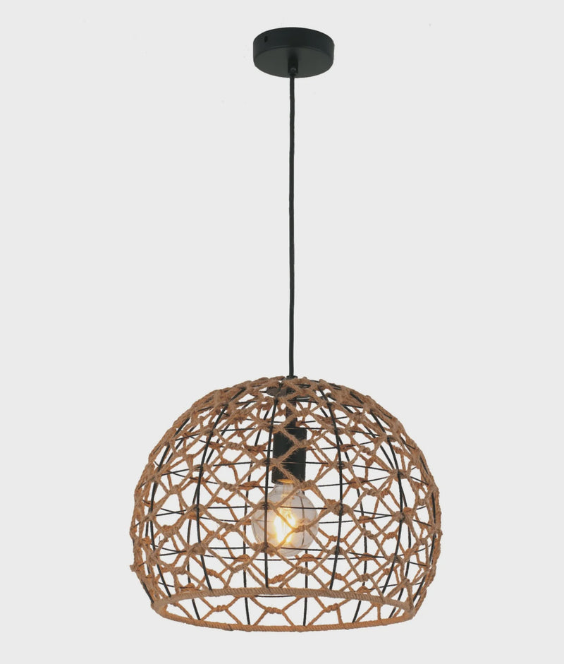 CLA CANAMO: Bohemian Interior Natural Hemp Rope & Black Hardware Dome Pendant Light