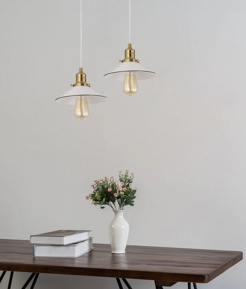 CLA CEREMA: Interior Small White with Antique Brass & Black Highlight Coolie Pendant Light