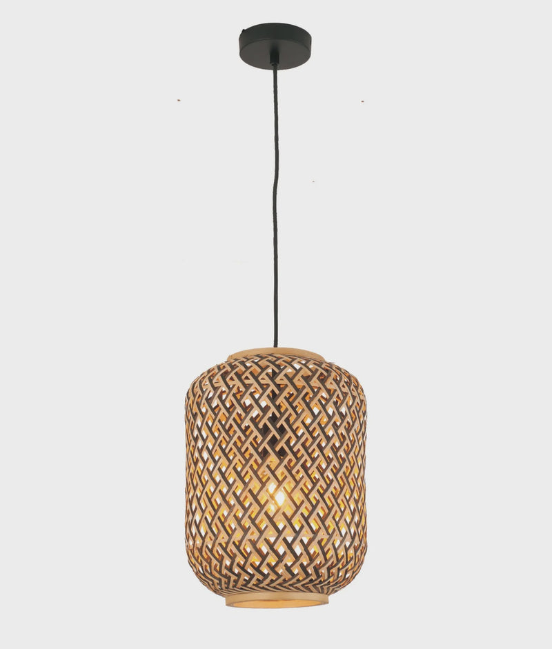 CLA CESTA: Bohemian Interior Cylinder Brown/Natural Bamboo Cage Pendant Light