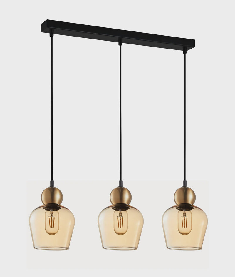 CLA CHAMPAN: Interior Bronze Amber / Smokey Black Glass Ellipse Multiple Bar Base Pendant Lights X3S
