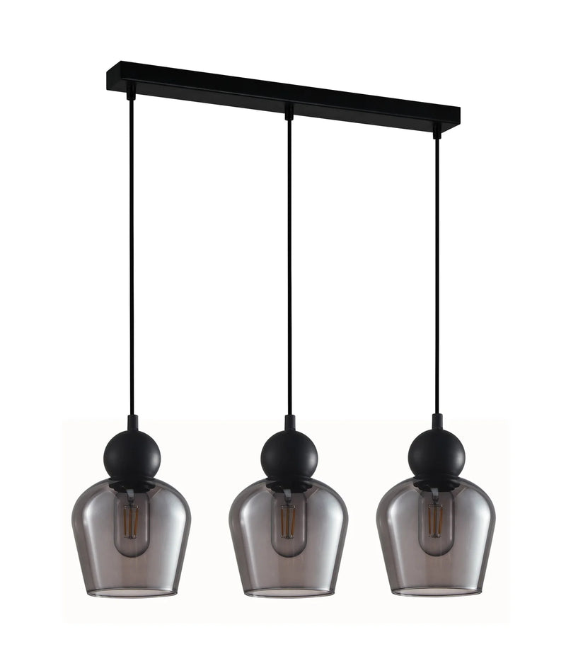 CLA CHAMPAN: Interior Bronze Amber / Smokey Black Glass Ellipse Multiple Bar Base Pendant Lights X3S