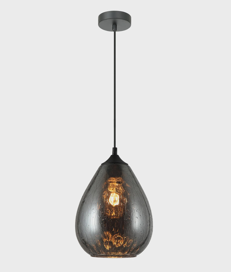 CLA CHUVA: Smokey Black Mirror Finish Glass with Rain Drop Effect Oval Pendant Light