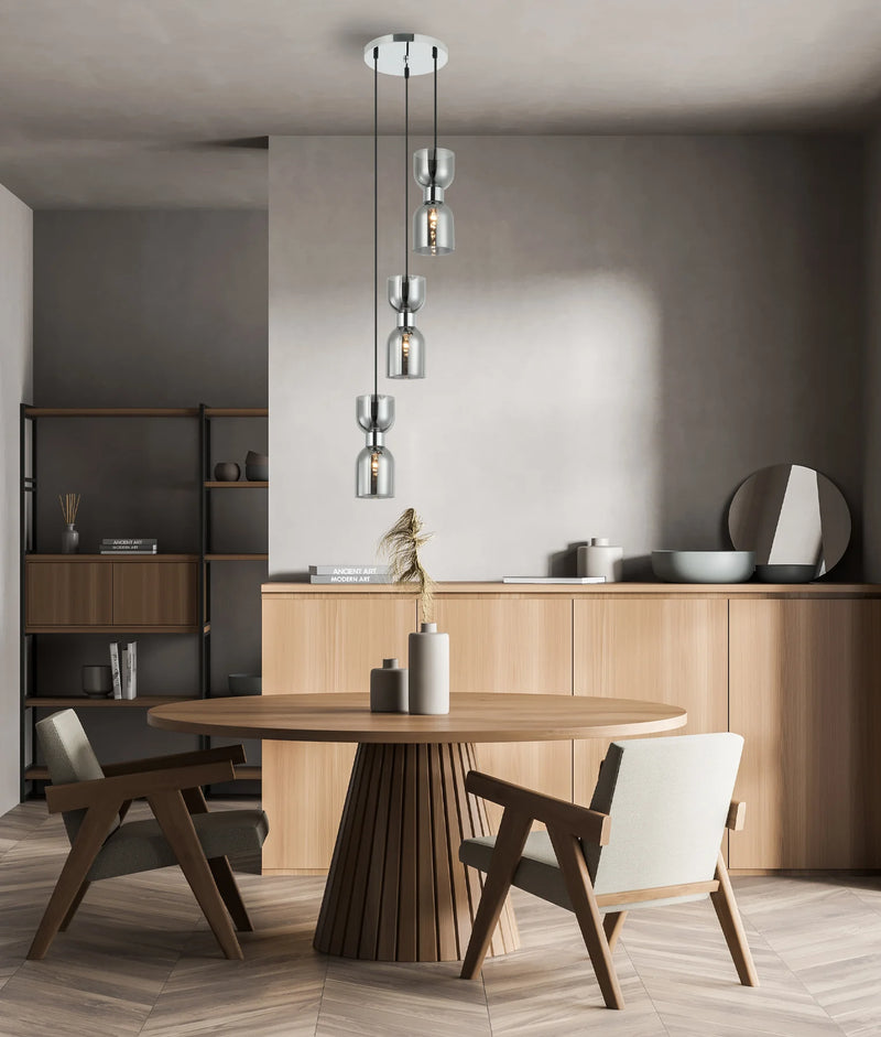 CLA CLESSIDRA: Interior Mirror Finish Smokey Black / Opal Glass Ellipse Multiple Round Base Pendant Lights