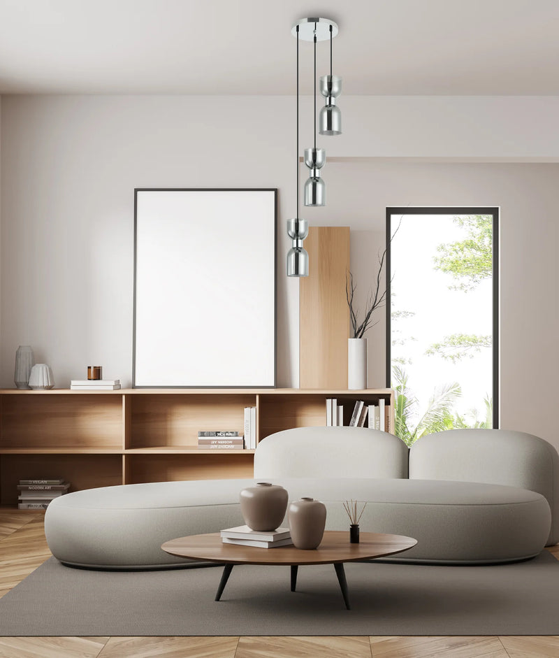 CLA CLESSIDRA: Interior Mirror Finish Smokey Black / Opal Glass Ellipse Multiple Round Base Pendant Lights