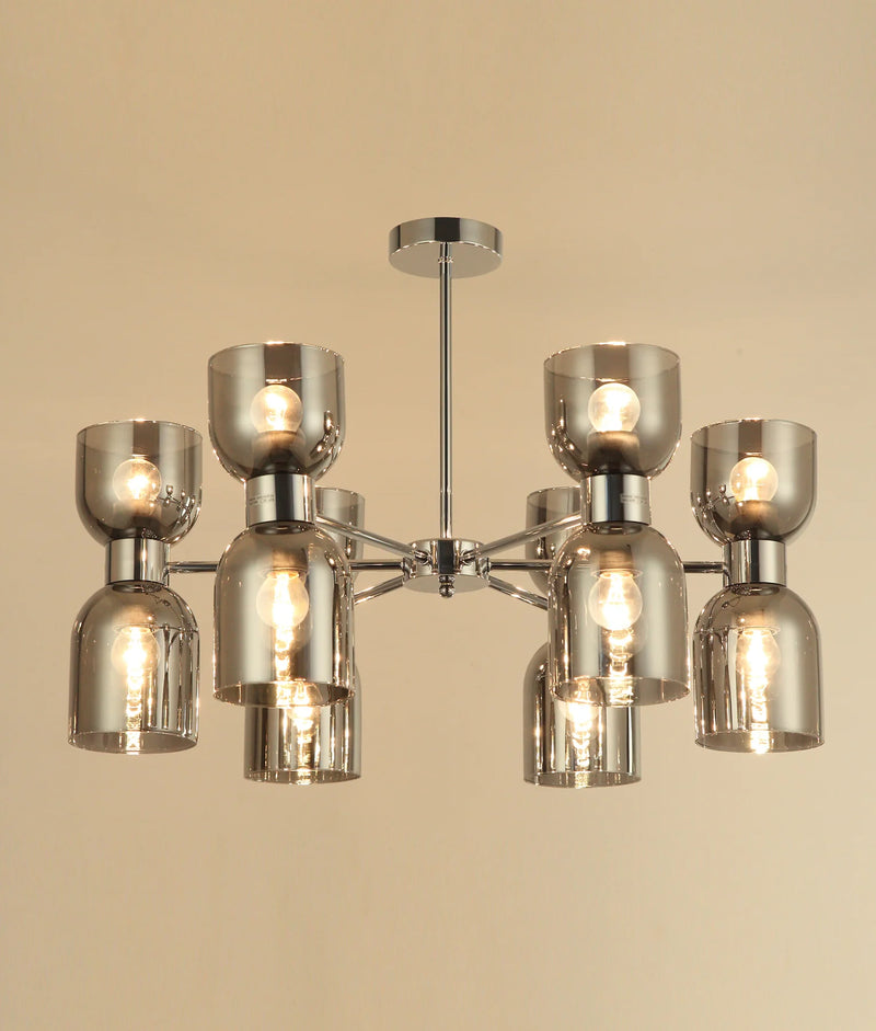 CLA CLESSIDRA: Interior Mirror Finish Smokey Black / Opal Glass Ellipse x12 Round Base Pendant Lights