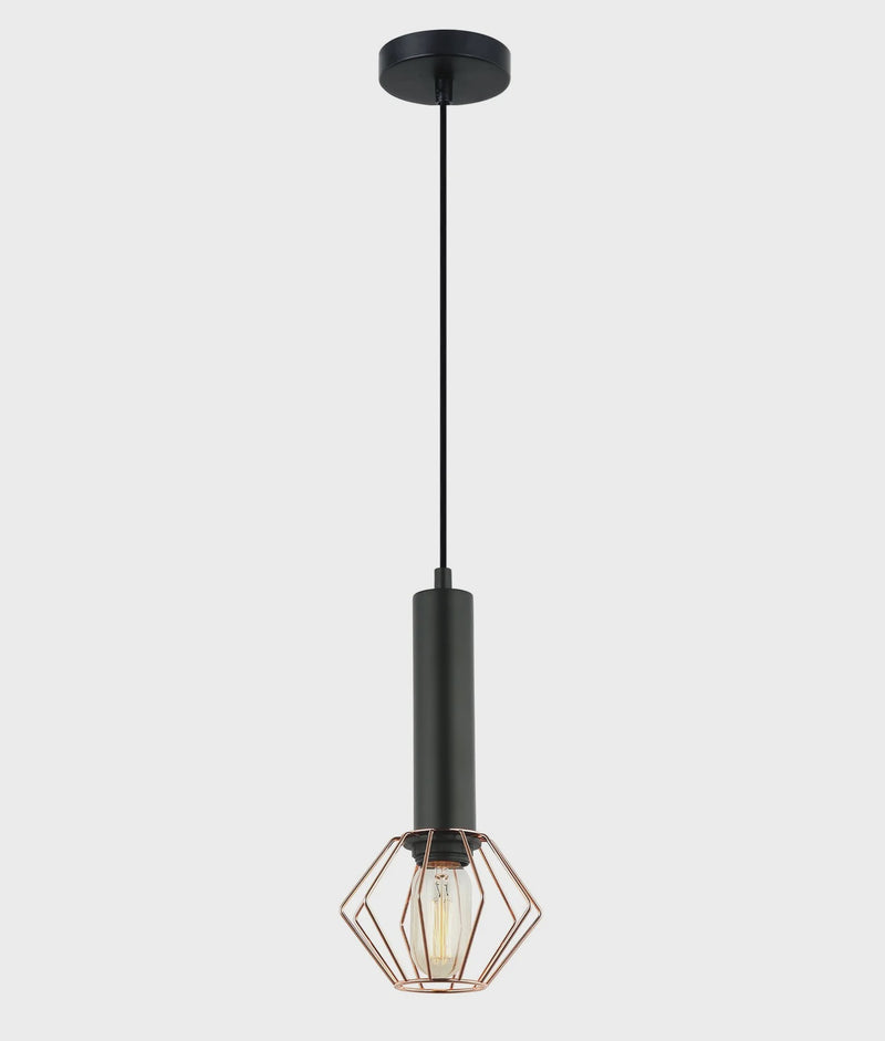 CLA CORAZON: Interior Matte Black and Copper Cage Diamond Pendant Light