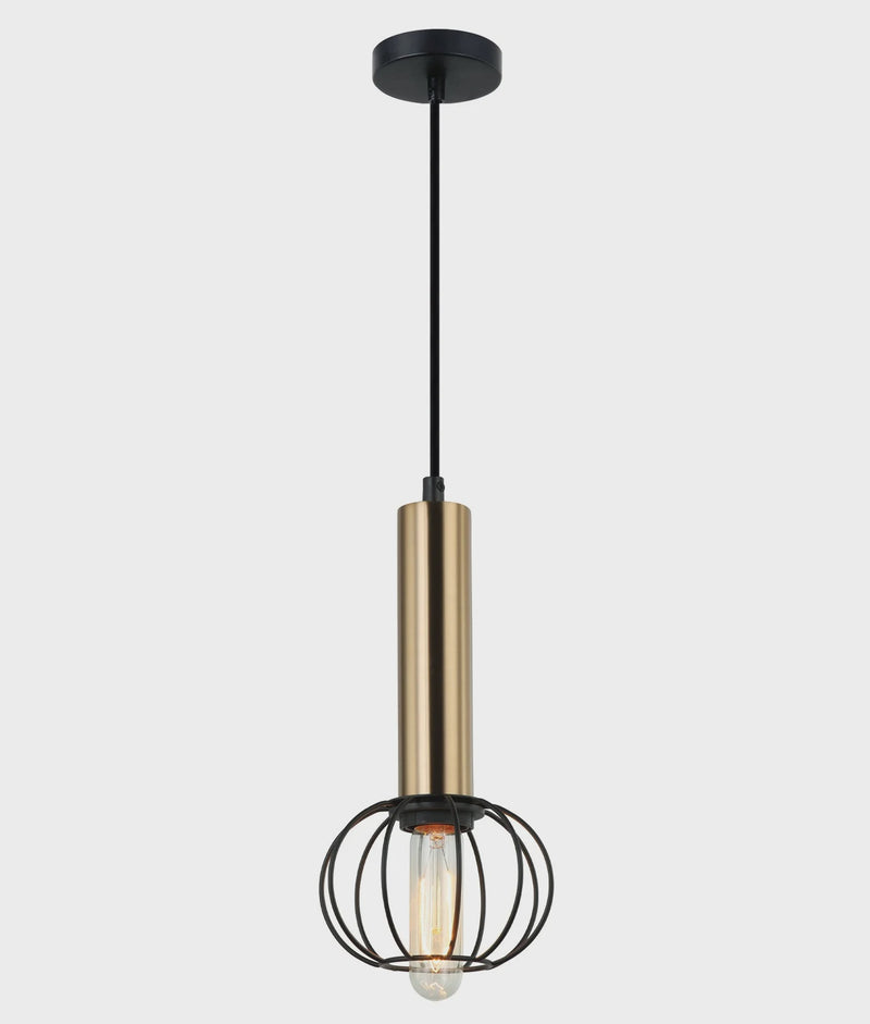 CLA CORAZON: Interior Antique Brass and Matte Black Round Cage Pendant Light