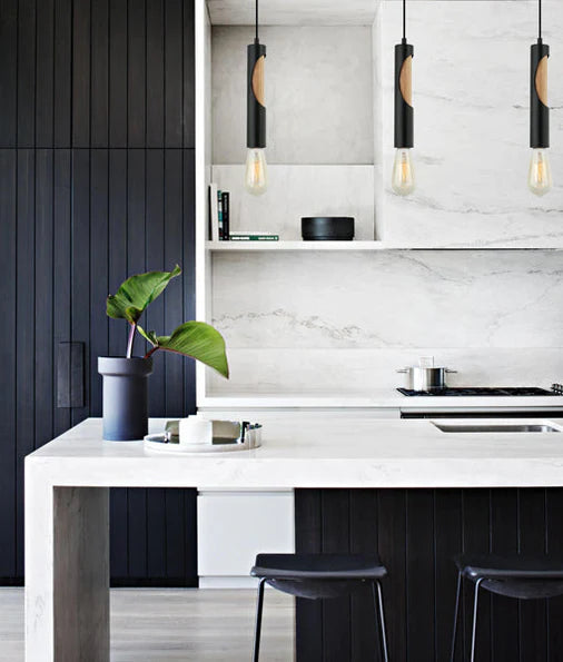 CLA IDA: Interior Iron & Blonde Wood Tube Pendant Lights