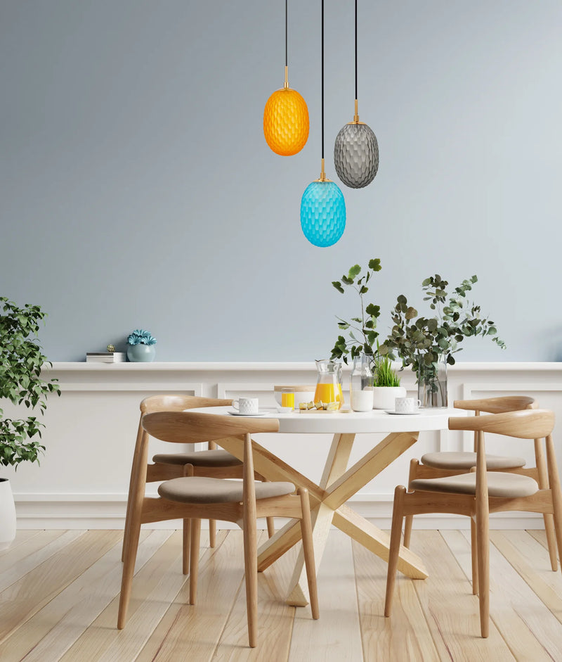 CLA KATHAL: Interior Ellipse Glass Segmented with Brass Highlight Enclosed Pendant Lights