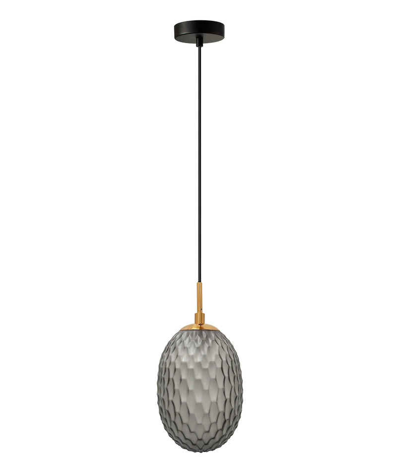 CLA KATHAL: Interior Ellipse Glass Segmented with Brass Highlight Enclosed Pendant Lights