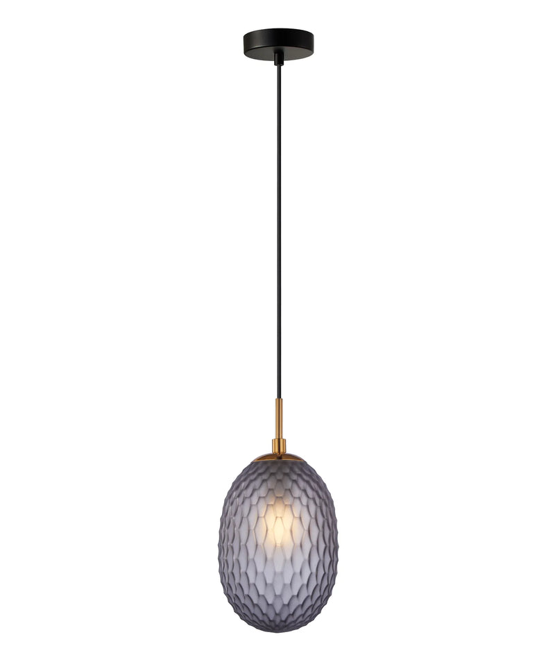 CLA KATHAL: Interior Ellipse Glass Segmented with Brass Highlight Enclosed Pendant Lights