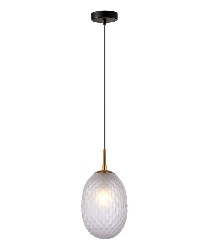 CLA KATHAL: Interior Ellipse Glass Segmented with Brass Highlight Enclosed Pendant Lights