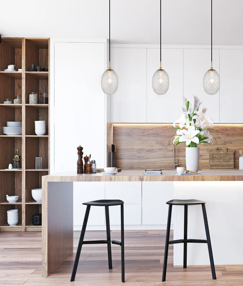 CLA KATHAL: Interior Ellipse Glass Segmented with Brass Highlight Enclosed Pendant Lights