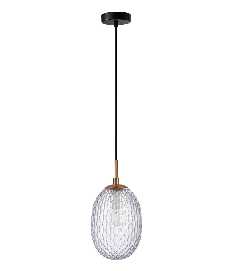 CLA KATHAL: Interior Ellipse Glass Segmented with Brass Highlight Enclosed Pendant Lights