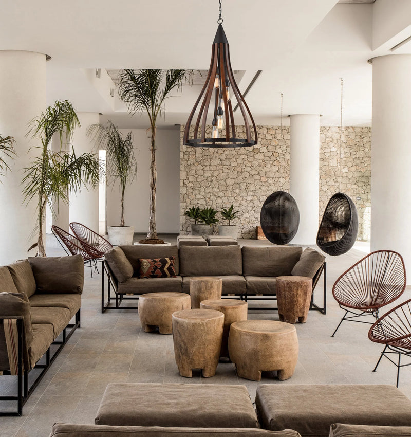 CLA KHALEESI: Medieval Style Rustic Oak Dark Red Wood Large Bell Pendants Light