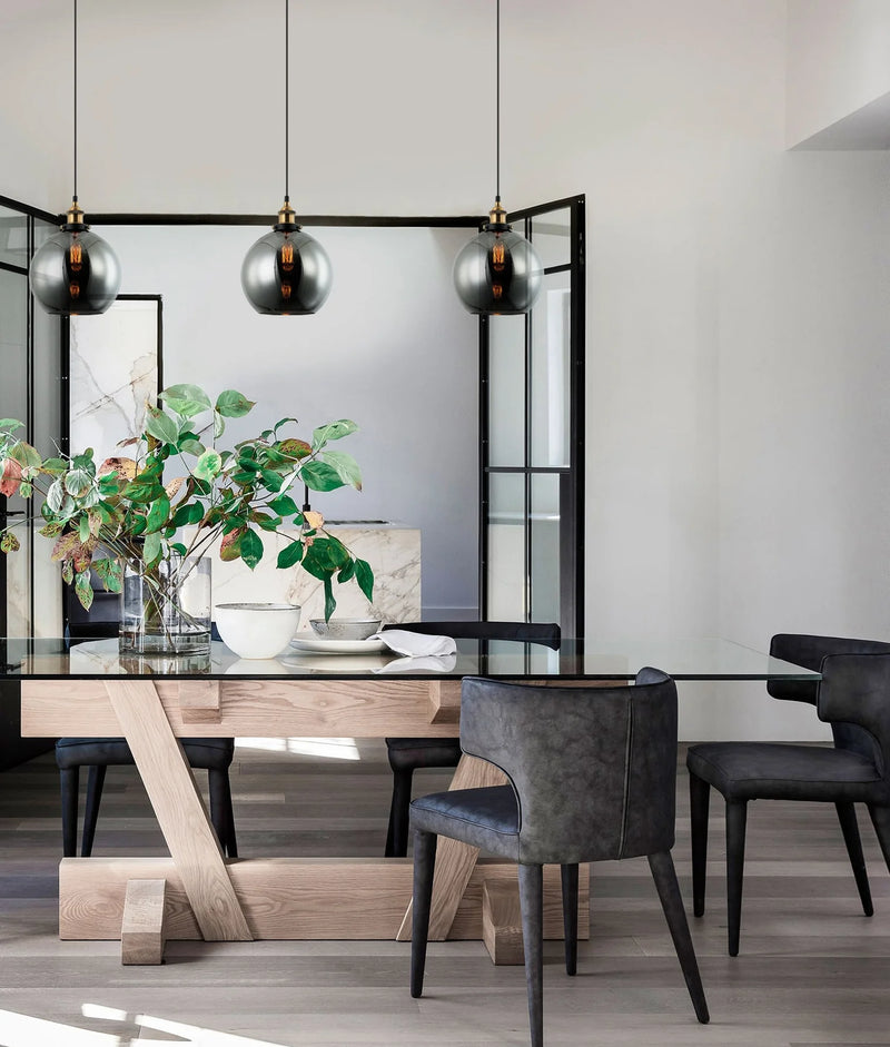 CLA PESINI: Interior Wine Glass with Antique Brass/ Chrome Highlight Pendant Lights