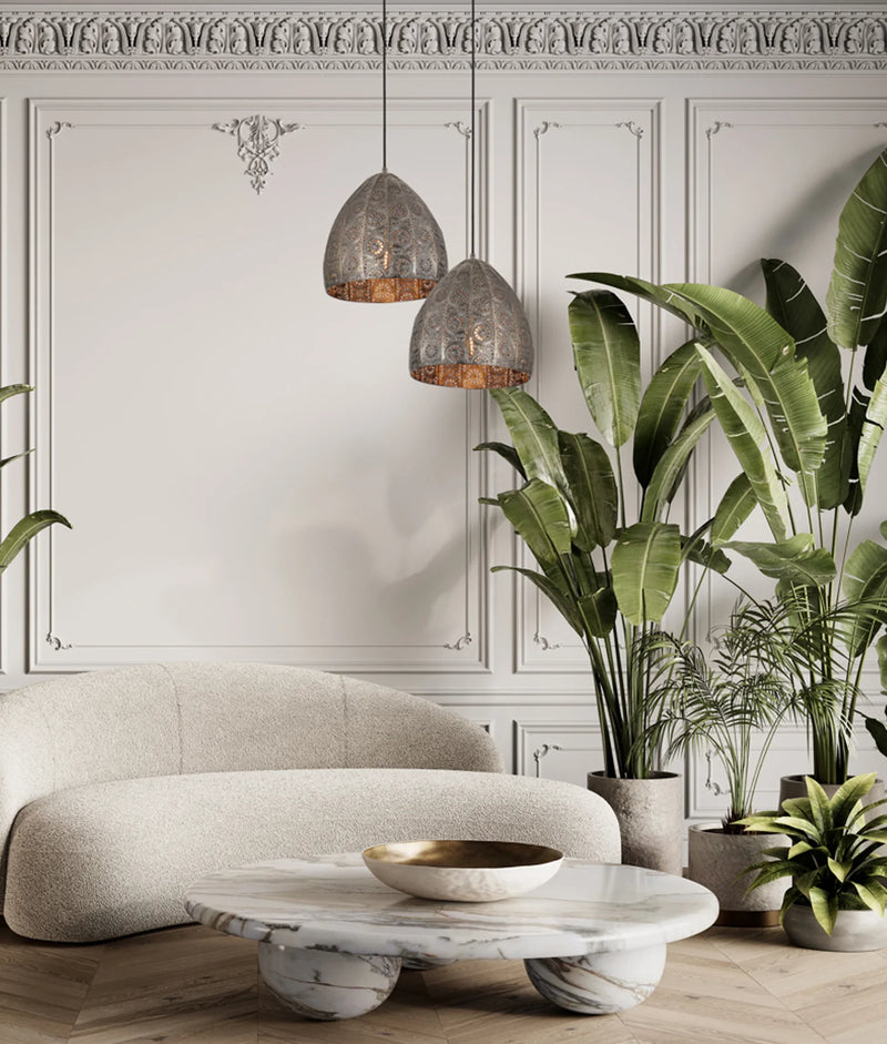 CLA SARI: Bohemian Interior Embossed Ellipse Aged Brass Steel Ombre Pendant Light