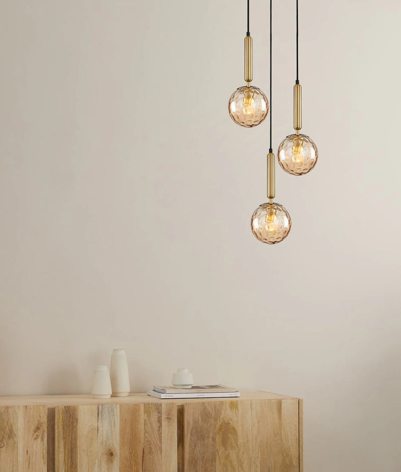 CLA TRATTINO: Interior Bronze Amber / Smokey Black Spherical Glass Multiple Round Base Pendant Lights