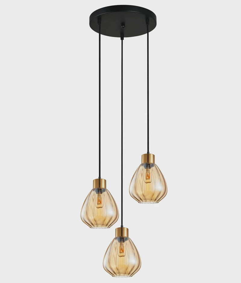 CLA TULIP: Interior Bronze Amber / Smokey Black Wine Glass Ribbed Multiple Round Base Pendant Lights