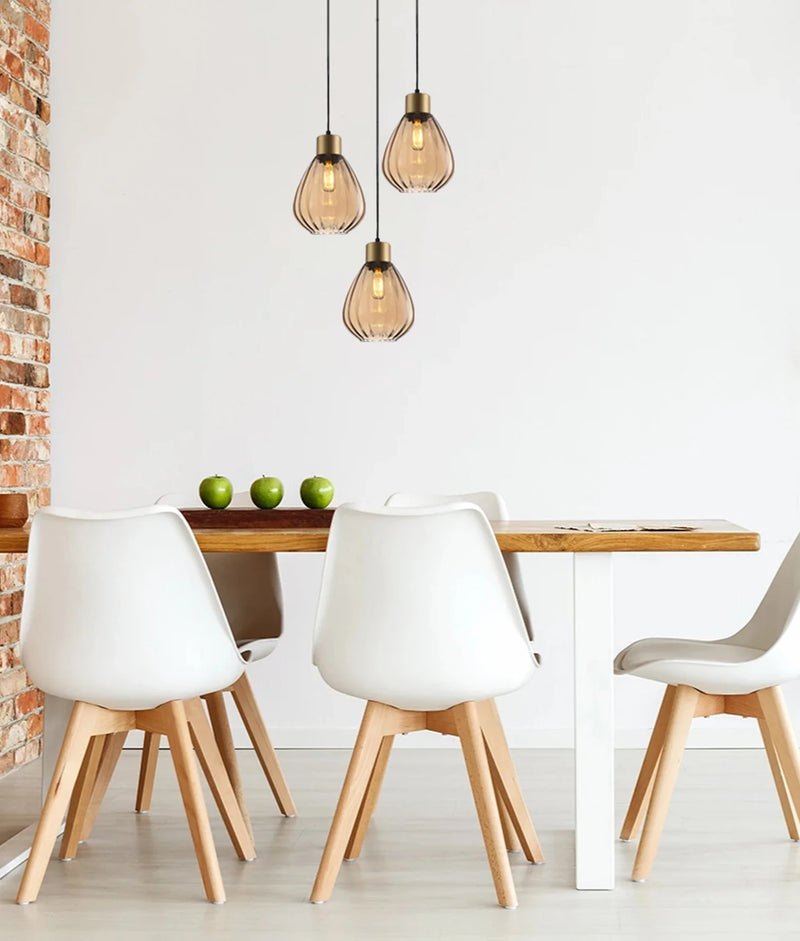 CLA TULIP: Interior Bronze Amber / Smokey Black Wine Glass Ribbed Multiple Round Base Pendant Lights