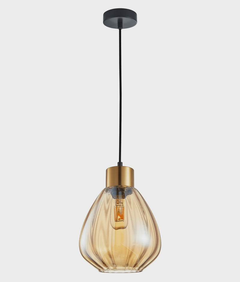 CLA TULIP: Interior Bronze Amber / Smokey Black Wine Glass Ribbed Pendant Lights