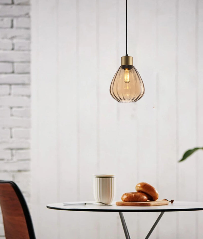 CLA TULIP: Interior Bronze Amber / Smokey Black Wine Glass Ribbed Pendant Lights