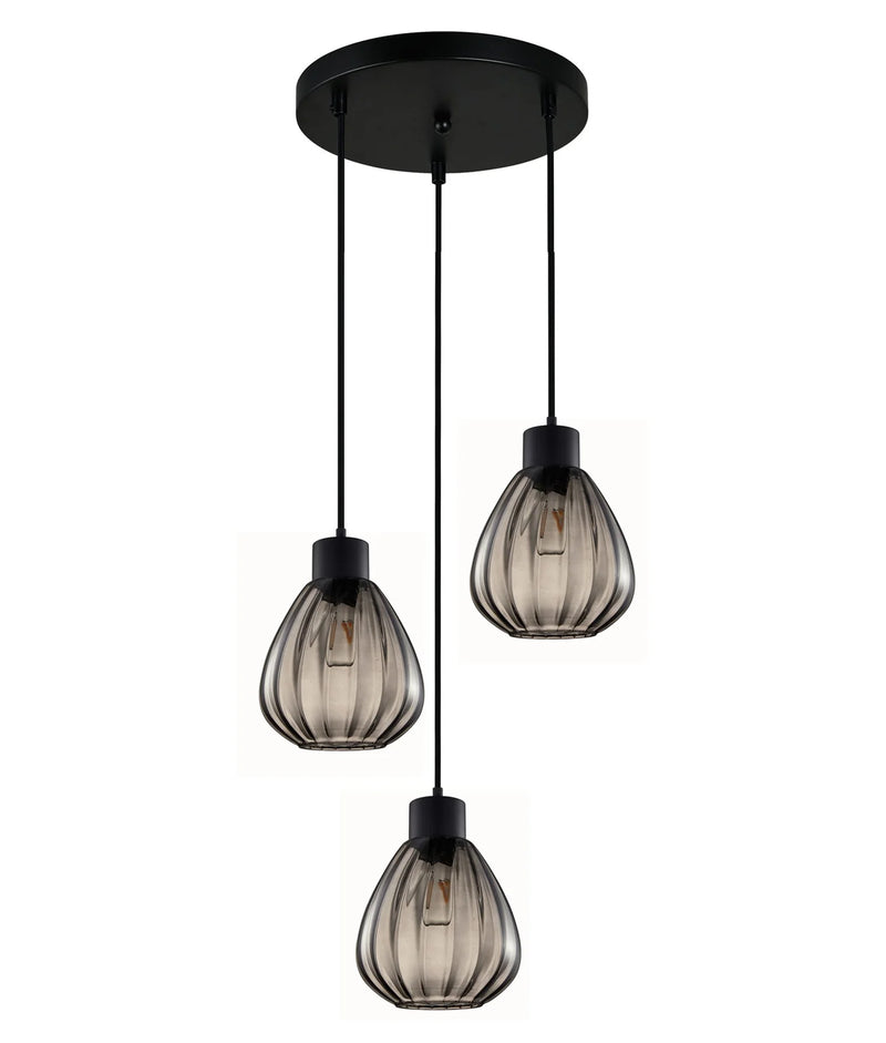 CLA TULIP: Interior Bronze Amber / Smokey Black Wine Glass Ribbed Multiple Round Base Pendant Lights