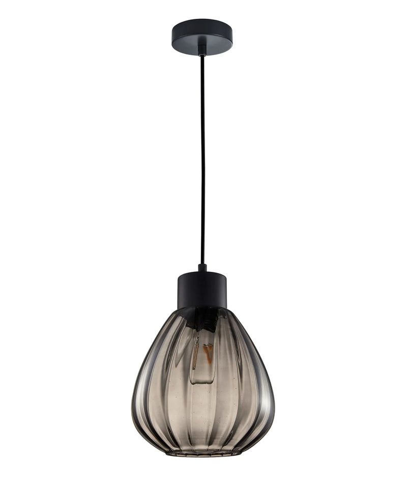 CLA TULIP: Interior Bronze Amber / Smokey Black Wine Glass Ribbed Pendant Lights