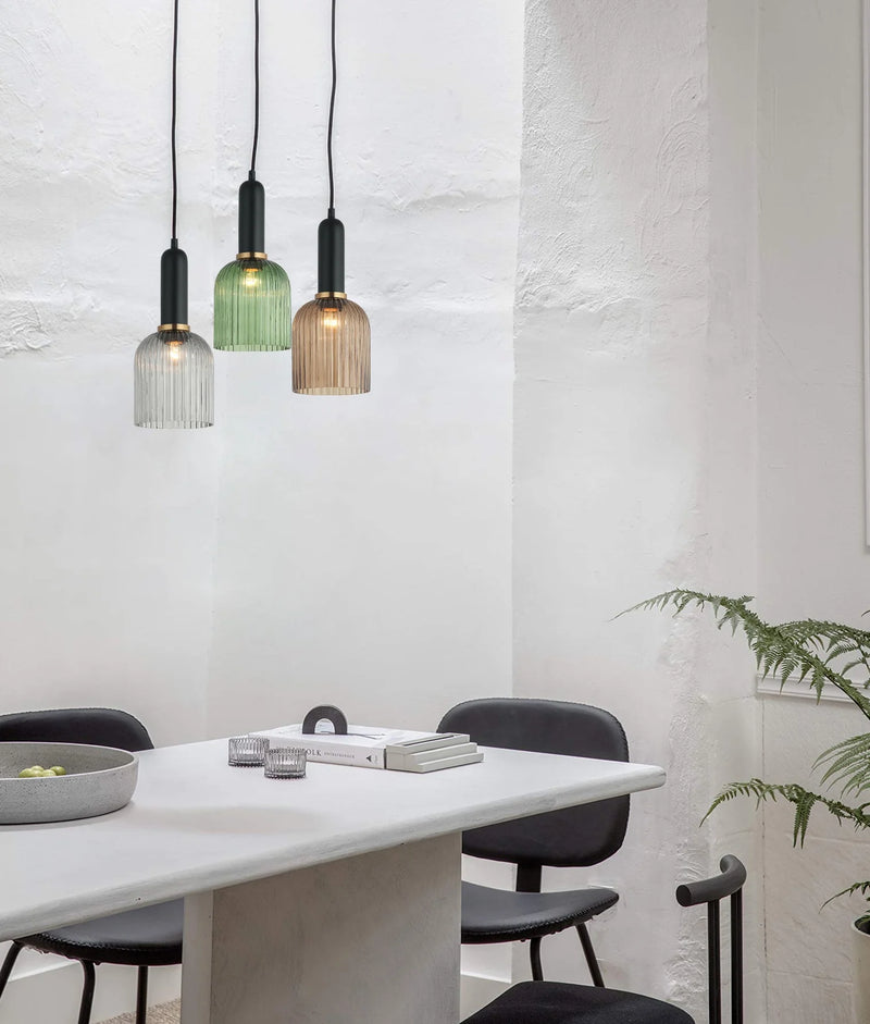 CLA VINTAJ: Retro Interior Ellipse Shape Ribbed Glass Pendant Lights
