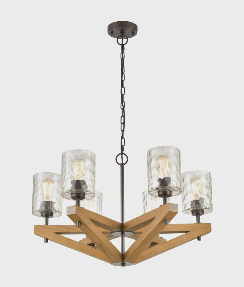 CLA VOTIF: Retro Interior Candelabra Oak Wood with Clear Blown Dimpled Glass Pendant Light